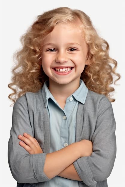 Rire Portrait De Petite Fille Avec Les Bras Croisés Et Isolé Sur Fond