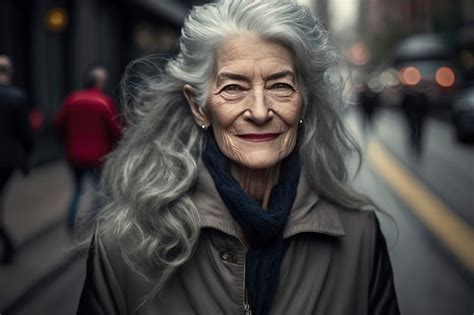 Uma Mulher Mais Velha Cabelos Grisalhos E Uma Jaqueta Cinza Foto