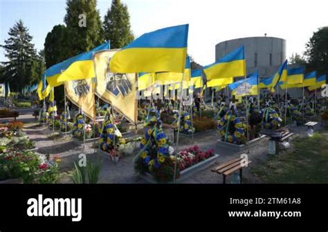 Yellow And Blue Flags Of Ukraine Fly Over The Graves Of Fallen Soldiers