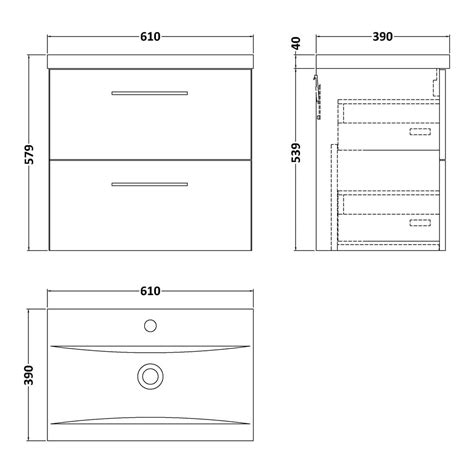 Nuie Arno 600mm Wall Hung 2 Drawer Vanity Unit And Mid Edged Basin 1th Satin Grey Arn2224a