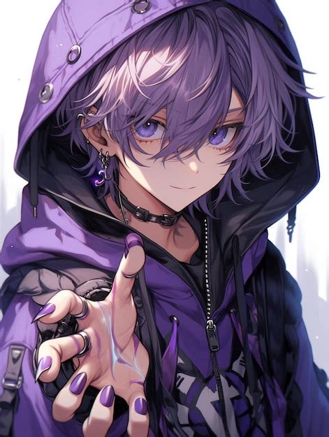 Premium Photo | Anime style image of a young man with purple hair and a ...