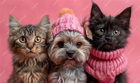 Premium Photo Three Happy Friends Puppies And Kittens Wearing Knitted