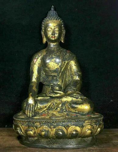 Old Tibetan Bronze Gilt Temple Shakyamuni Amitabha Buddha Jar