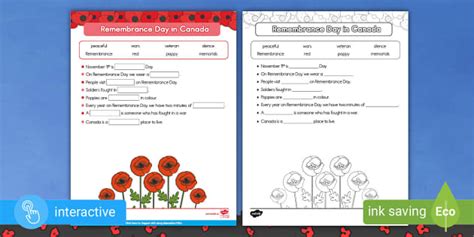 Remembrance Day In Canada Cloze Activity Grades K 3