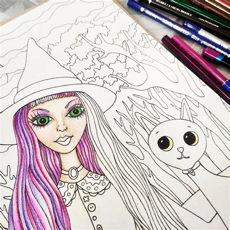 Halloween Woman Coloring Page Printable Cute Witch And Mystic Etsy