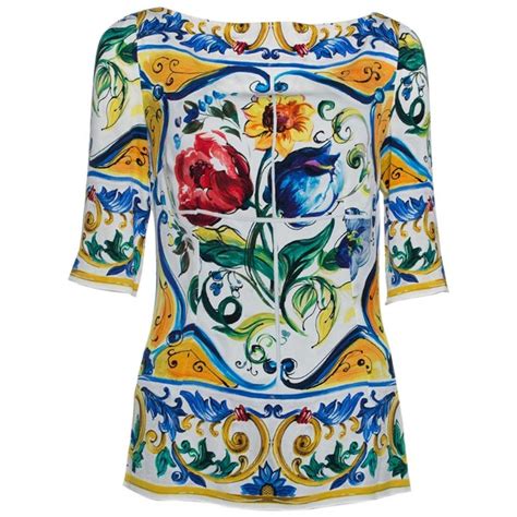 Dolce And Gabbana Multicolor Majolica Print Silk Three Quarter Sleeve