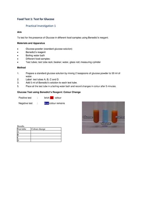 FOOD PRAC Grade 10 Food Test 1 Test For Glucose Practical