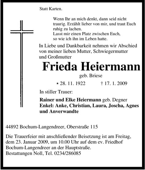 Traueranzeigen Von Frieda Heiermann Trauer In Nrw De