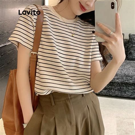 Lovito Casual Striped Round Neck Short Sleeves T Shirt For Women