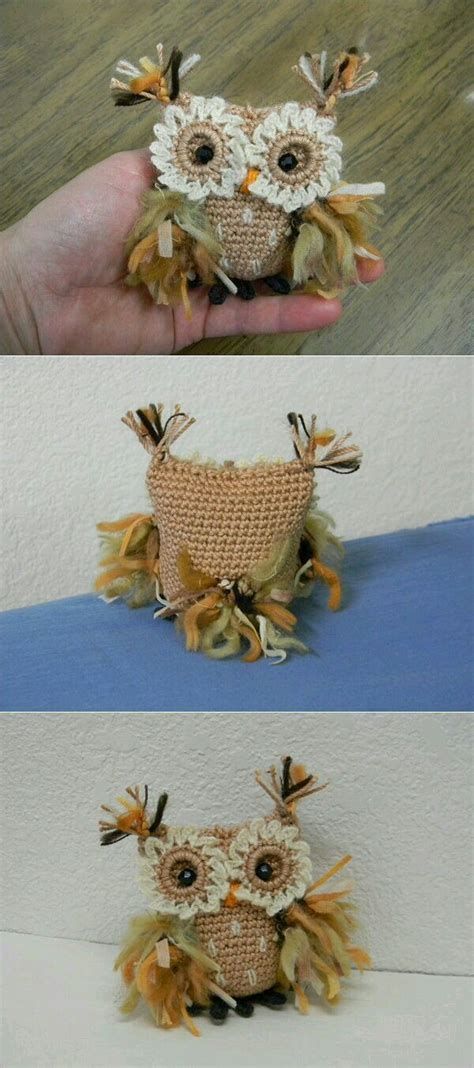 An Owl Made Out Of Crochet Is Shown In Three Different Views Including