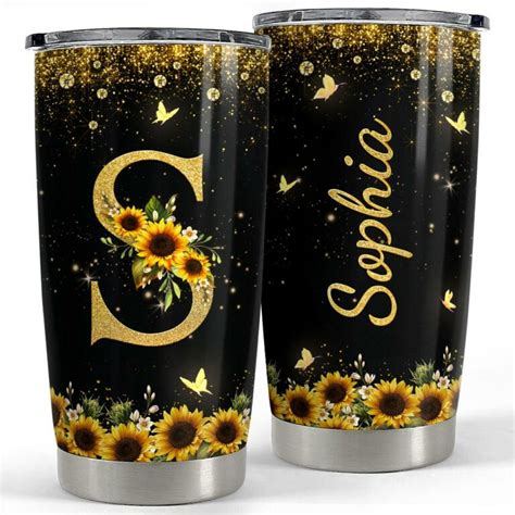 Personalized Initial Tumbler With Monogrammed Letter Sunflower Sandjest