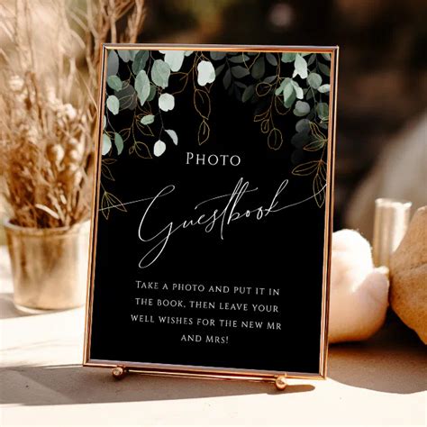 Boho Greenery And Gold Black Photo Guest Book Sign Zazzle