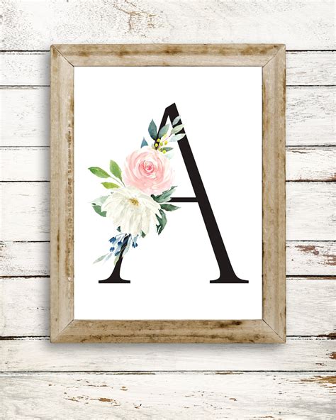 Floral Monogram Printable Letter A Nursery Wall Decor Etsy