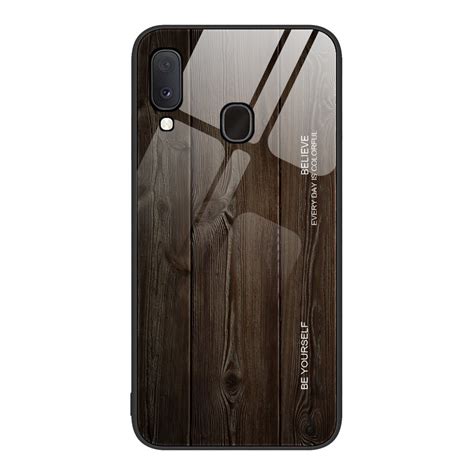 For Samsung Galaxy A20e Wood Grain Glass Protective Phone Case Black