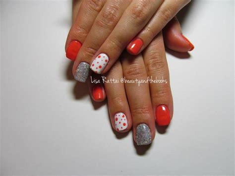 Tropix Shellac A Coral With Polka Dots And A Rainbow Silver Glitter Rockstar Nail Art Nail