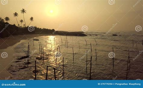 Aerial View Drone 4k Footage Of Traditional Stilt Fishing In Sri Lanka