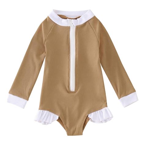 Girls Swimsuits Summer Long Sleeve Solid Color Ruffles 1 Piece Beach