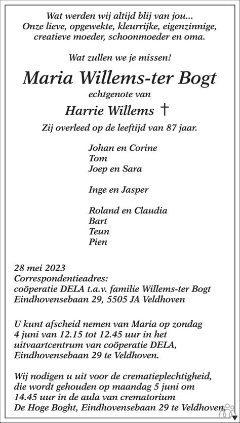 Maria Willems Ter Bogt 28 05 2023 Overlijdensbericht En Condoleances