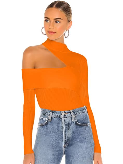 Buy Uptownie Lite Orange High Neck Cotton Ribbed Cut Out Fitted Top