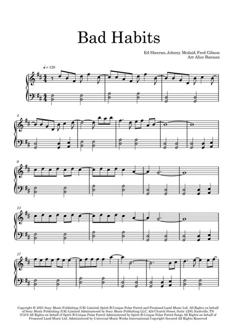 Bad Habits Arr Alice Bannan Sheet Music Ed Sheeran Piano Solo