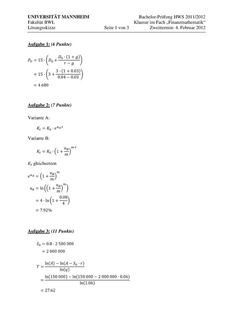Klausur Year Antworten Universit T Mannheim Fakult T Bwl