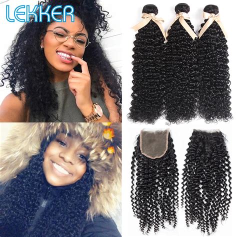 Lekker Brazilian Afro Kinky Curly Hair Wave Bundles With Closure 100 Human Hair Weave 2 3 Curly