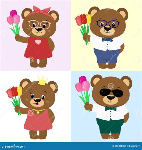 Set Of Cute Brown Bears In Clothes With A Bouquet Of Tulips In The