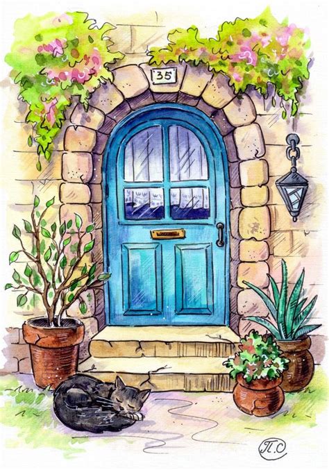 A Watercolor Painting Of A Blue Front Door With Potted Plants And A Cat