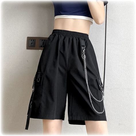 Aesthetic Clothes Streetwear Women Casual Harem Shorts With Chain Solid