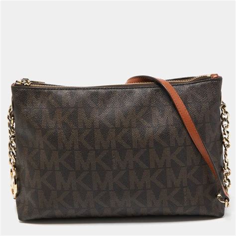 Michael Kors Dark Brown Signature Coated Canvas And Leather Zip