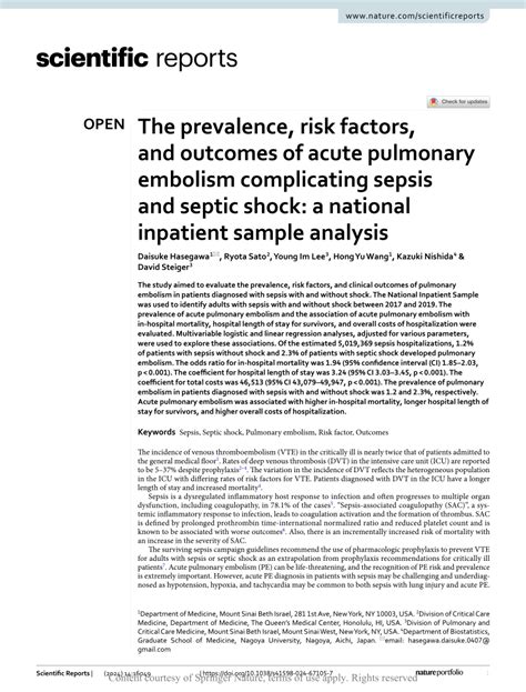 Pdf The Prevalence Risk Factors And Outcomes Of Acute Pulmonary Embolism Complicating Sepsis