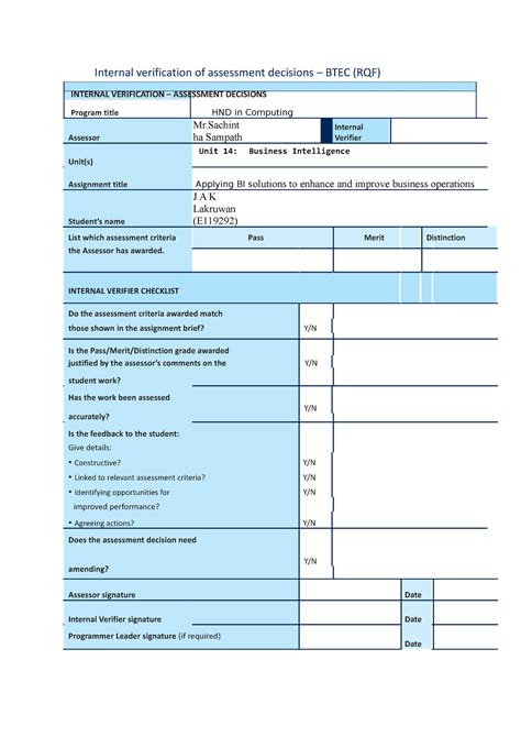 Internal Verification Of Assessment Decisions Internal Verifier Checklist Do The Assessment