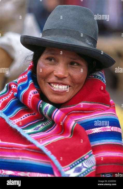 Peruvian Woman Smiling In Traditional Costume Cusco Peru South