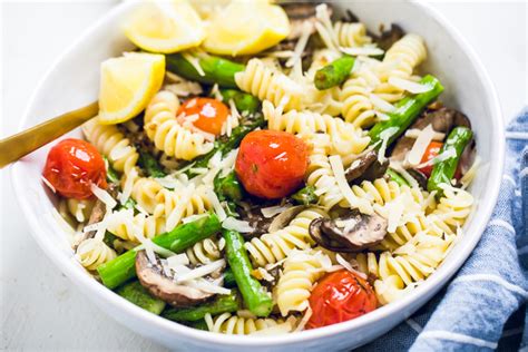 Vegan Lemon Garlic Butter Pasta With Tomatoes Asparagus And Mushrooms Make It Dairy Free