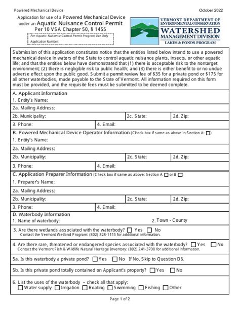 Vermont Application For Use Of A Powered Mechanical Device Under An