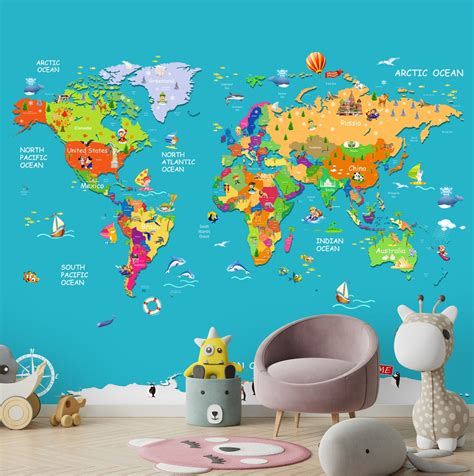 Blue Colourful World Map for Kids Room Walls | Life n Colors