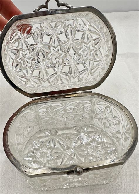 Antique French Cut Crystal Jewelry Box Hand Cut Glas Gem