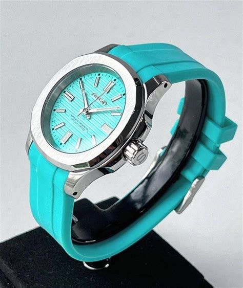 Custom Seiko Mod Watch Aqua Blue Tiffany Nautilus Rubber Strap 40MM