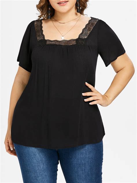 Black 5x Plus Size Lace Insert Square Neck Blouse Big