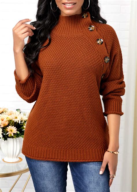 High Neck Button Detail Pullover Sweater Trendy Fashion Tops Trendy Tops High Neck Sweater