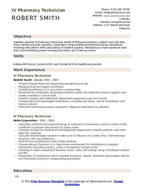 IV Pharmacy Technician Resume Samples QwikResume