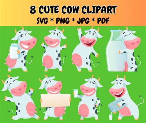 8 Cute Cow Clipart Bundle Svg Png  Pdf Icons Kawaii Cow Etsy