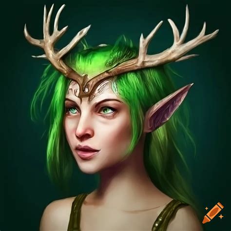 Photo Realistic Female Half Elf Druid With Green Hair And Deer Antlers On Craiyon