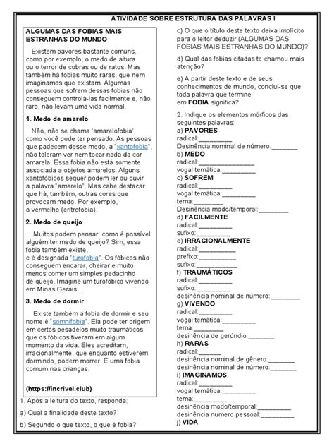 Atividade Estrutura Das Palavras - Atividade Sobre Estrutura Das Palavras I | PDF | Medo | Palavra