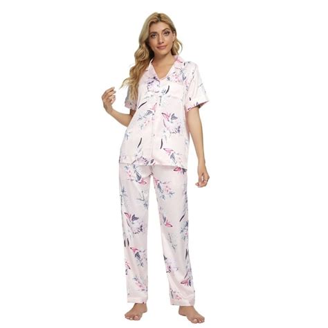 Mintlimit Womens Silk Satin Pajamas Set Short Sleeve Loungewear Two