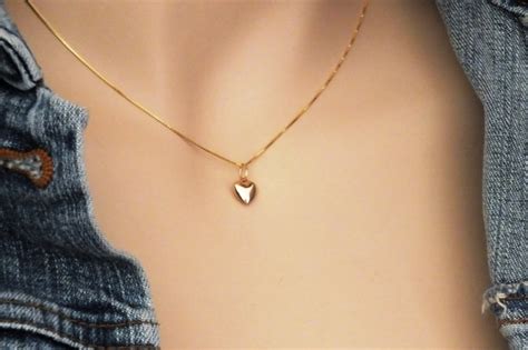 14k Puffed Heart Minimalist Necklace Layering Solid Gold Puff Etsy