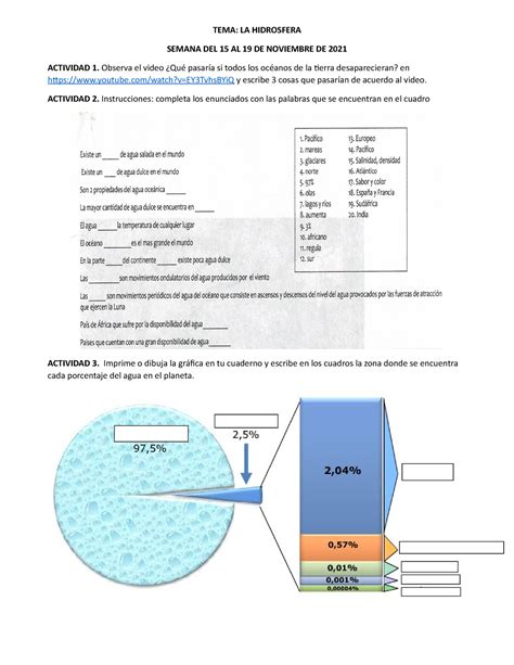 Hidrosfera 3 Actividades Tema La Hidrosfera Semana Del 15 Al 19 De Noviembre De 2021