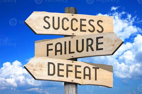 Success Failure Defeat Wooden Signpost With Three Arrows Sky With