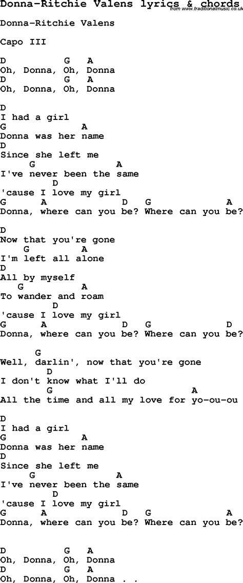 Love Song Lyrics for:Donna-Ritchie Valens with chords.