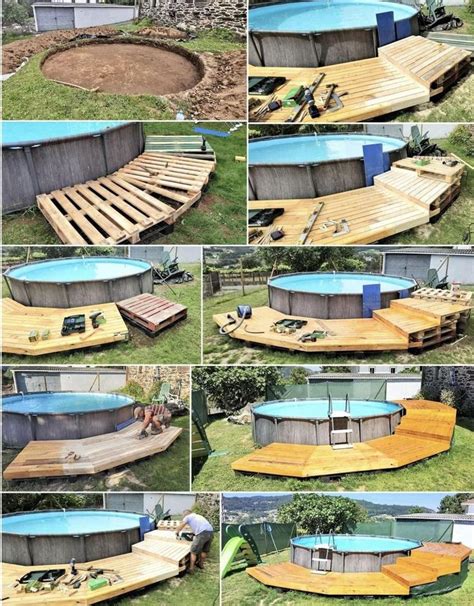 An Above Ground Swimming Pool Made Out Of Pallets And Wooden Planks